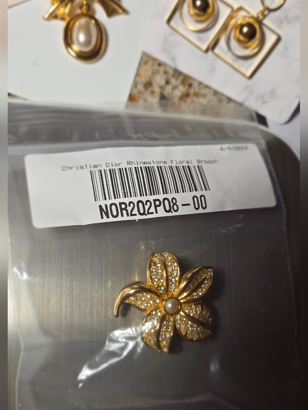Dior Gold Plated Crystal Flower Brooch with Pearl Center - Picture 16 of 16